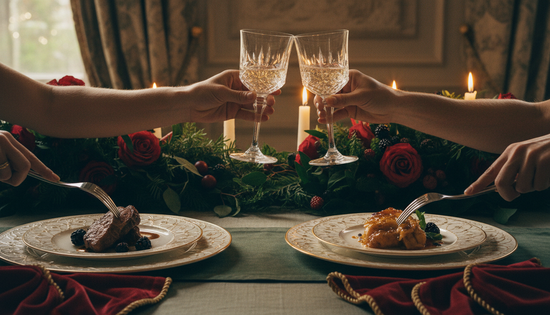 Couple toasting over an elegant dinner table – wedding gift ideas