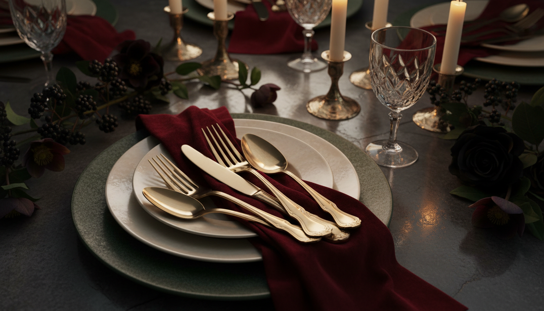 Elegant dinner table laid with cutlery for guests – Griha Pravesh gift ideas