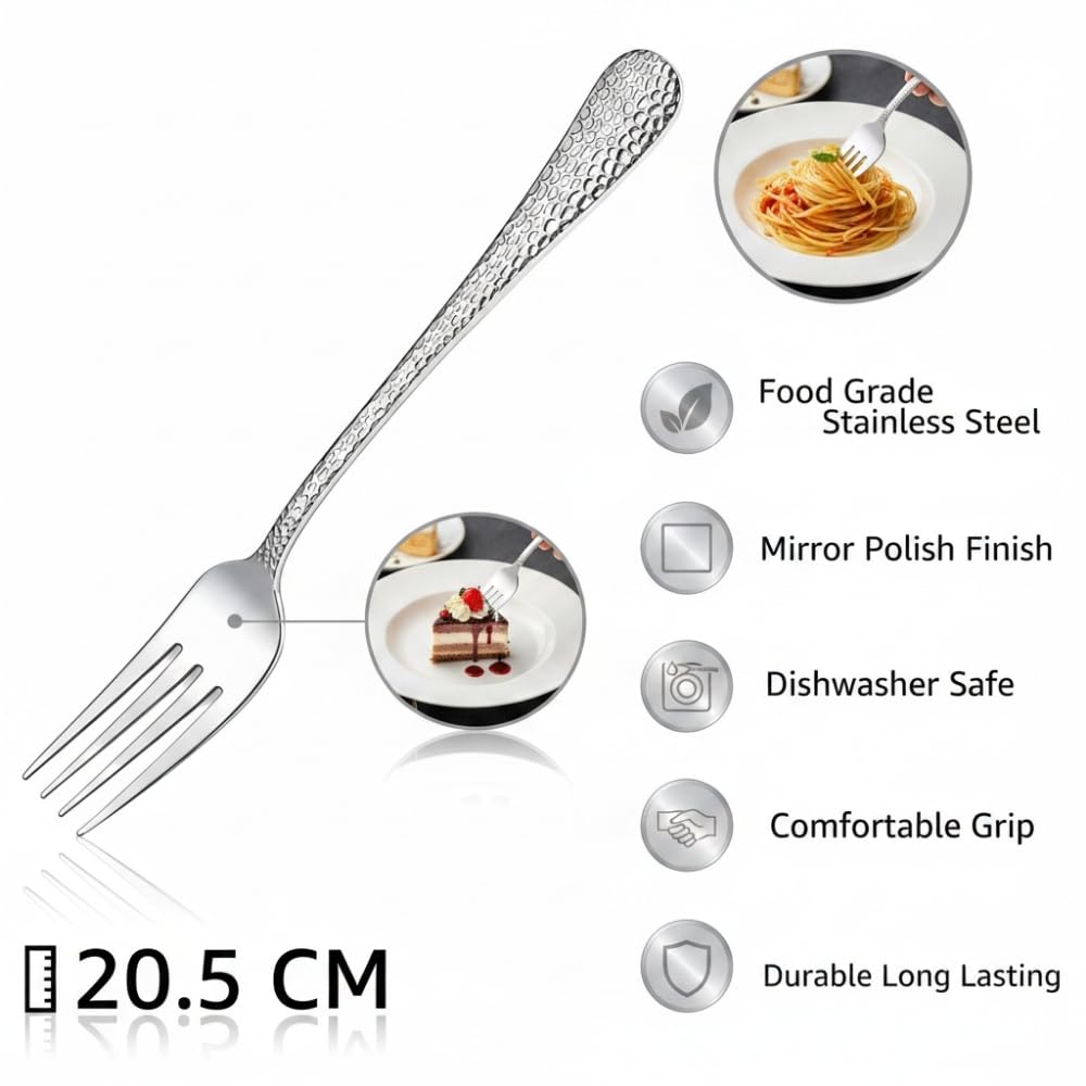 Manishaware Hammered Stainless Dinner Steel Fork set for Kitchen or Dining Table