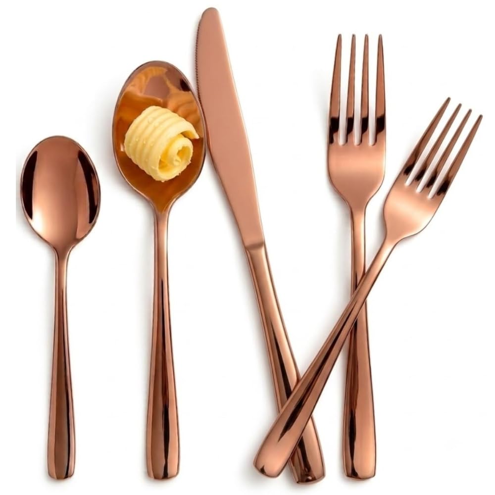 Manishaware Mirror Polished Rose Gold 30 Pcs Stainless Steel Cutlery Set for Dining Table, Dishwasher Safe Glossy Flatware (6 spoon set + 6 forks set + 6 Butter knife + 6 Dessert Spoon + 6 Fruit Fork)