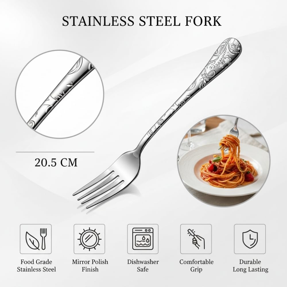 Manishaware Floral Stainless Dinner Steel Fork set for Kitchen or Dining Table