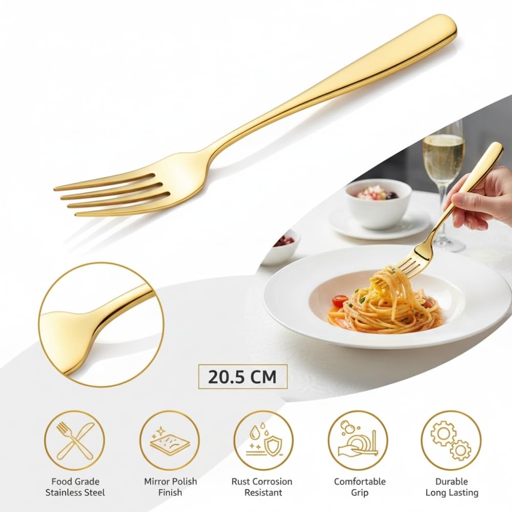 Manishaware 12 Pcs GOLD Mirror Polished Stainless Dinner Steel Fork set for Kitchen or Dining Table