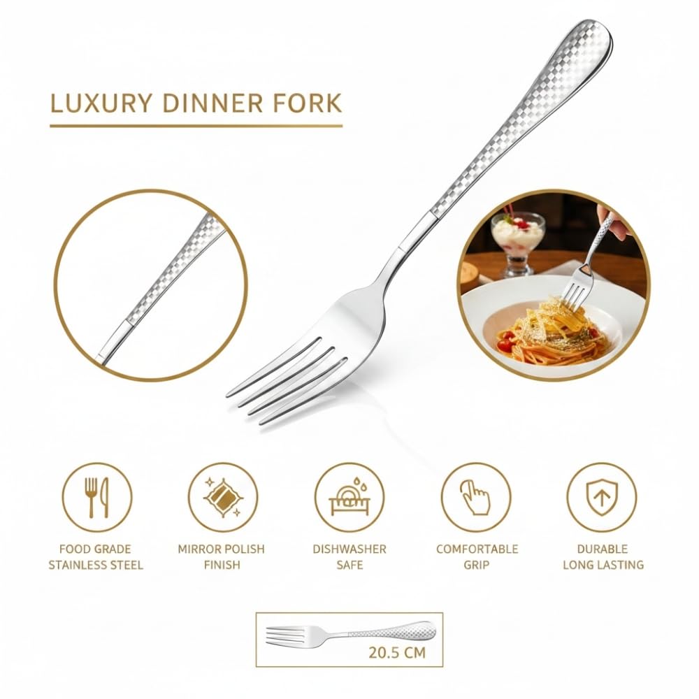 Manishaware Checkered Stainless Dinner Steel Fork set for Kitchen or Dining Table