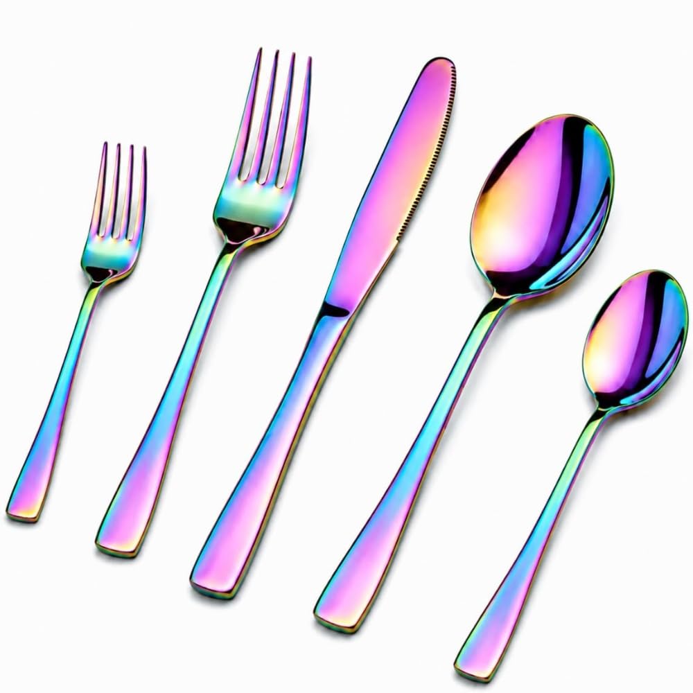 Manishaware Mirror Polished Rainbow 30 Pcs Stainless Steel Cutlery Set for Dining Table, Dishwasher Safe Glossy Flatware (6 spoon set + 6 forks set + 6 Butter knife + 6 Dessert Spoon + 6 Fruit Fork)