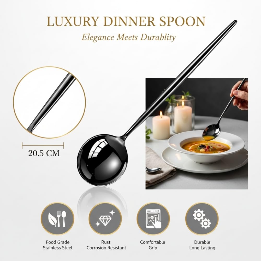 Manishaware Slim Handle Black 24 Pcs Stainless Steel Cutlery Set