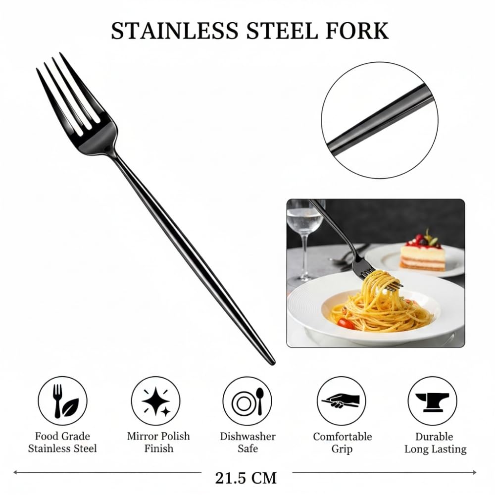 Manishaware 24 Pcs BLACK Slim Handle Stainless Dinner Steel Fork set for Kitchen or Dining Table