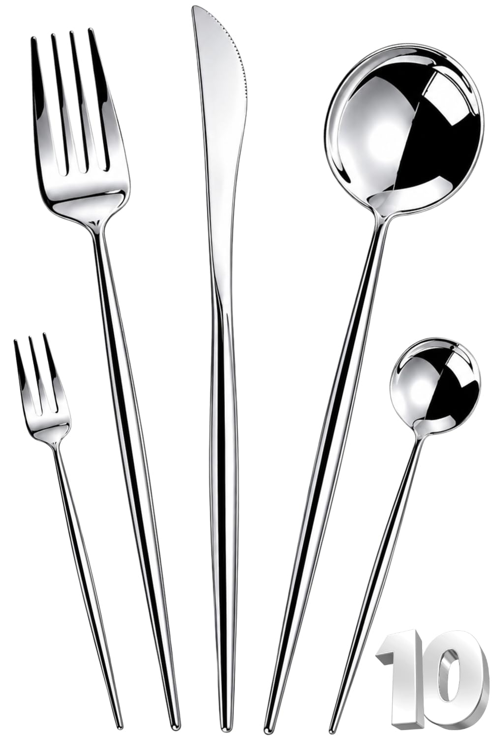Manishaware Slim Handle Silver 10 Pcs Stainless Steel Cutlery Set for Dining Table, Dishwasher Safe Glossy Flatware (2 spoon set+2 forks set+2 Butter knife+2 Dessert Spoon+ 2 Fruit Fork)