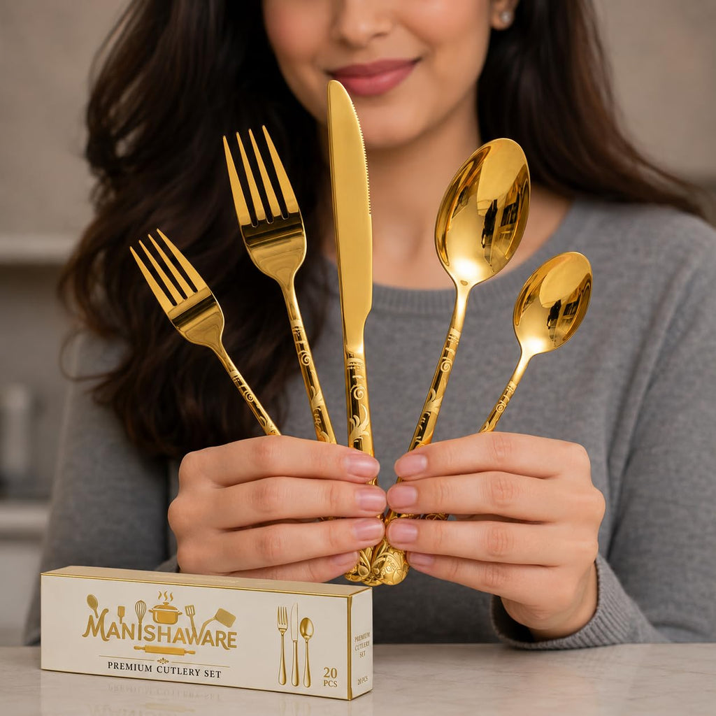 Manishaware Floral Gold 20 Pcs Stainless Steel Cutlery Set for Dining Table, Dishwasher Safe Glossy Flatware (4 spoon set+4 forks set+4 Butter knife+4 Dessert Spoon+ 4 FruitFork)