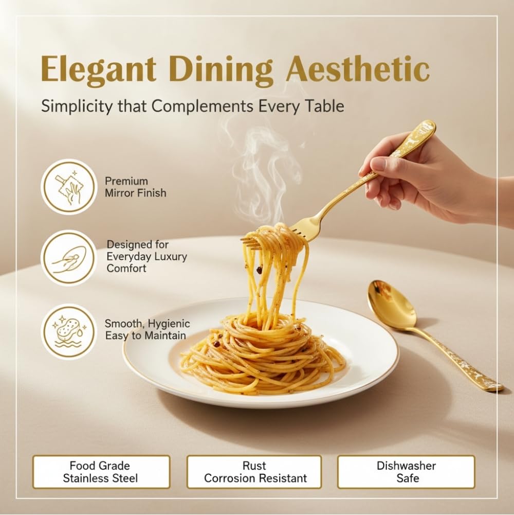 Manishaware Classic Gold 8 Pcs Stainless Steel Cutlery Set for Dining Table, Dishwasher Safe Glossy Flatware (Perfect Spoon Fork Set)