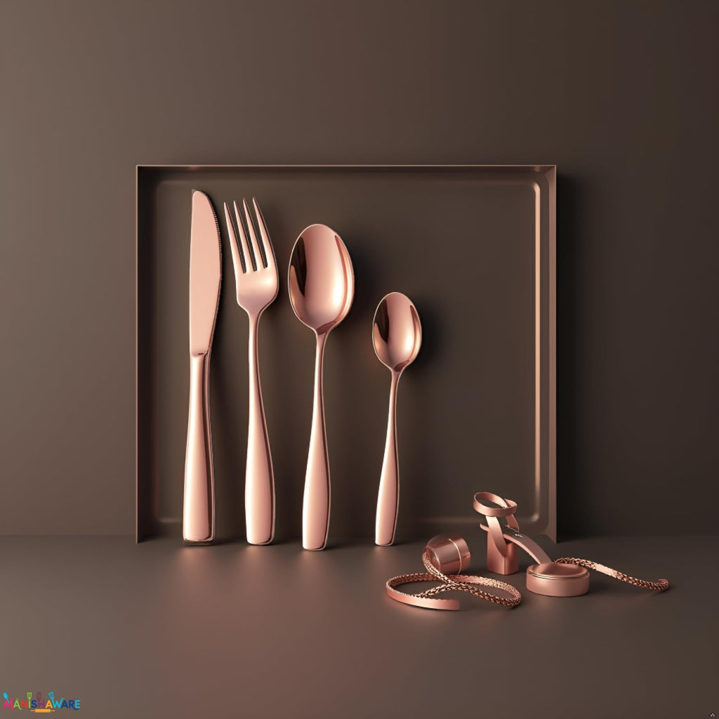 Manishaware Mirror Polished Rose Gold 12 Pcs Stainless Steel Cutlery Set for Dining Table, Dishwasher Safe Glossy Flatware (3 spoon set + 3 forks set + 3 Butter knife + 3 Dessert Spoon)