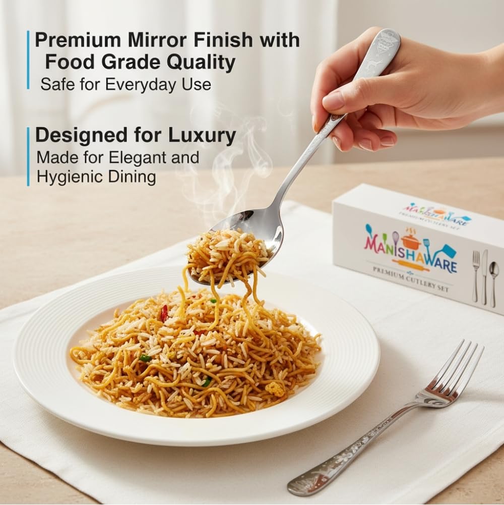 Manishaware Classic Stainless Steel Cutlery Set for Dining Table, Dishwasher Safe Glossy Flatware (Perfect Spoon Fork Set)