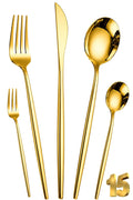 Manishaware Slim Handle Gold 15 Pcs Stainless Steel Cutlery Set for Dining Table, Dishwasher Safe Glossy Flatware (3 spoon set+3 forks set+3 Butter knife+3 Dessert Spoon+ 3 Fruit Fork)