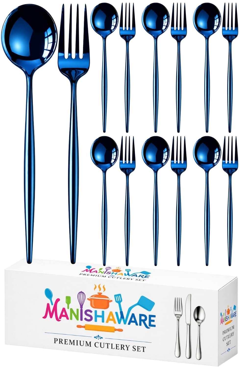 Manishaware Slim Handle Blue 12 Pcs Stainless Steel Cutlery Set for Dining Table, Dishwasher Safe Glossy Flatware (6 Forks & 6 Spoons)
