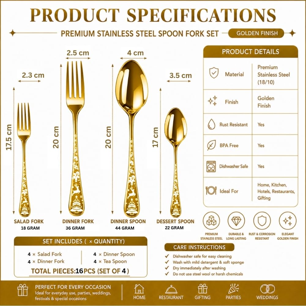 Manishaware Classic Gold 16 Pcs Stainless Steel Cutlery Set for Dining Table, Dishwasher Safe Glossy Flatware (Perfect Spoon Fork Set)
