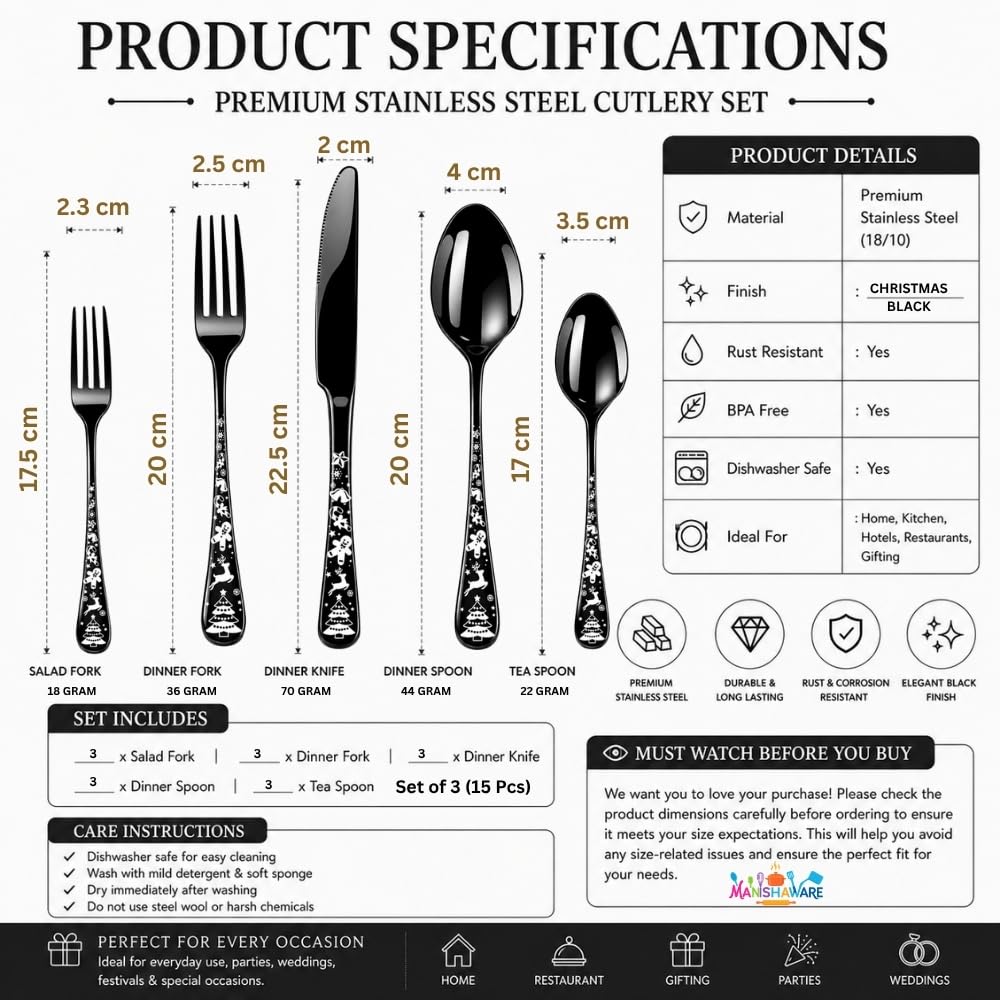 Manishaware Christmas Black 15 Pcs Stainless Steel Cutlery Set for Dining Table, Dishwasher Safe Glossy Flatware (3 spoon set+3 forks set+3 Butter knife+3 Dessert Spoon+ 3 Fruit Fork)