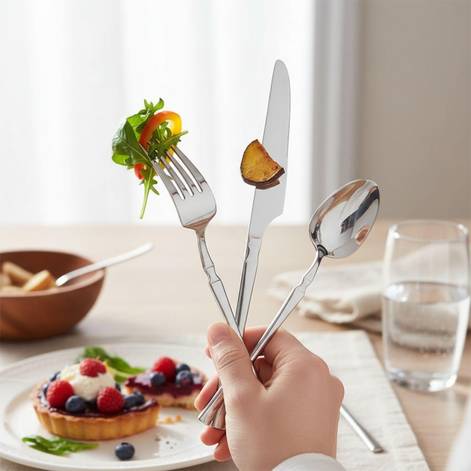 Manishaware Elegant Handle Silver 12 Pcs Heavy duty Stainless Steel Cutlery Set for Dining table (3 pcs spoon set+3 pcs forks set+3 pcs Butter knife+3 pcs Dessert Spoon for kitchen)