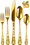 Manishaware Christmas Gold 15 Pcs Stainless Steel Cutlery Set for Dining Table, Dishwasher Safe Glossy Flatware (3 spoon set+3 forks set+3 Butter knife+3 Dessert Spoon+ 3 Fruit Fork)