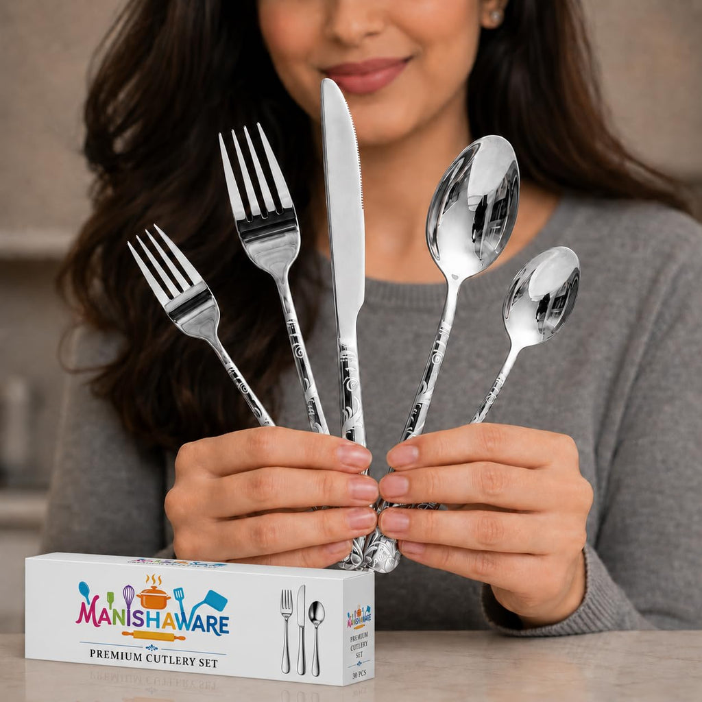Manishaware Floral Silver 30 Pcs Stainless Steel Cutlery Set for Dining Table, Dishwasher Safe Glossy Flatware (6 spoon set+6 forks set+6 Butter knife+6 Dessert Spoon+ 6 FruitFork)