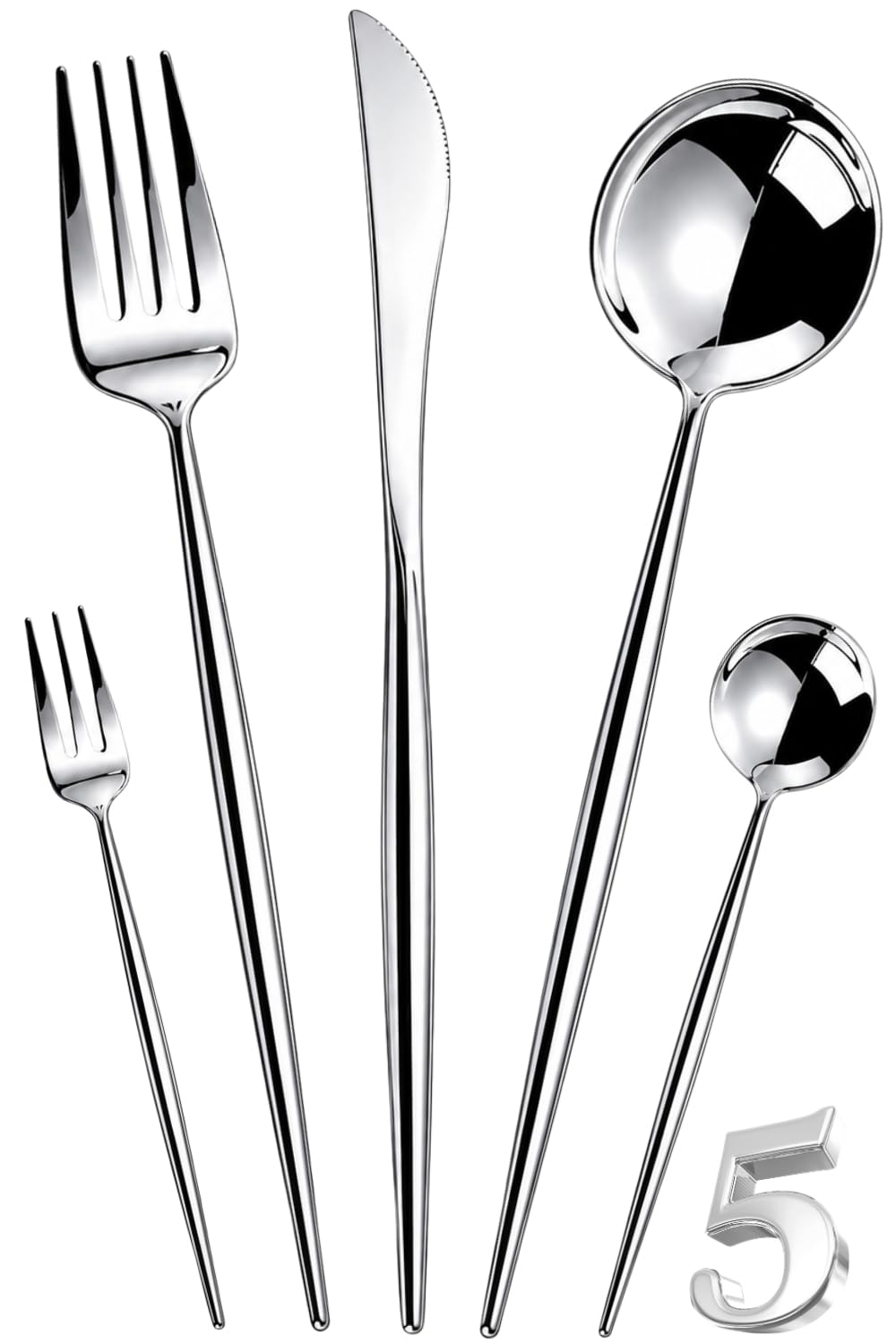 Manishaware Slim Handle Silver 5 Pcs Stainless Steel Cutlery Set for Dining Table, Dishwasher Safe Glossy Flatware (1 spoon set+1 forks set+1 Butter knife+1 Dessert Spoon+ 1 Fruit Fork)