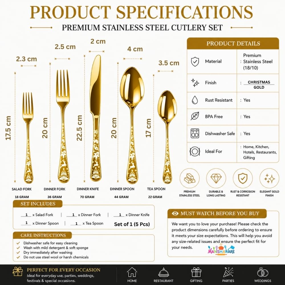 Manishaware Christmas Stainless Steel Cutlery Set for Dining Table, Dishwasher Safe Glossy Flatware (4 spoon set+4 forks set+4 Butter knife+4 Dessert Spoon+ 4 Fruit Fork)