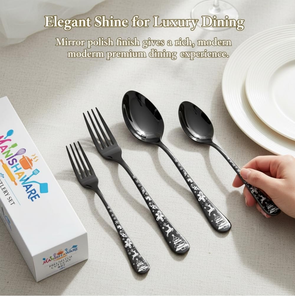 Manishaware Classic Black 8 Pcs Stainless Steel Cutlery Set for Dining Table, Dishwasher Safe Glossy Flatware (Perfect Spoon Fork Set)