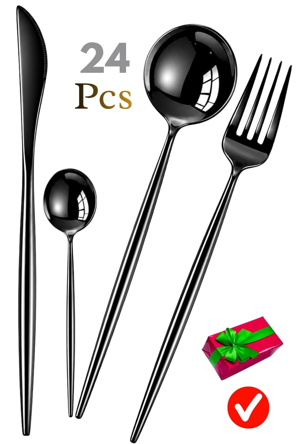 Manishaware Slim Handle Black 24 Pcs Stainless Steel Cutlery Set for Dining Table, Dishwasher Safe Glossy Flatware (6 spoon set + 6 forks set + 6 Butter knife + 6 Dessert Spoon)