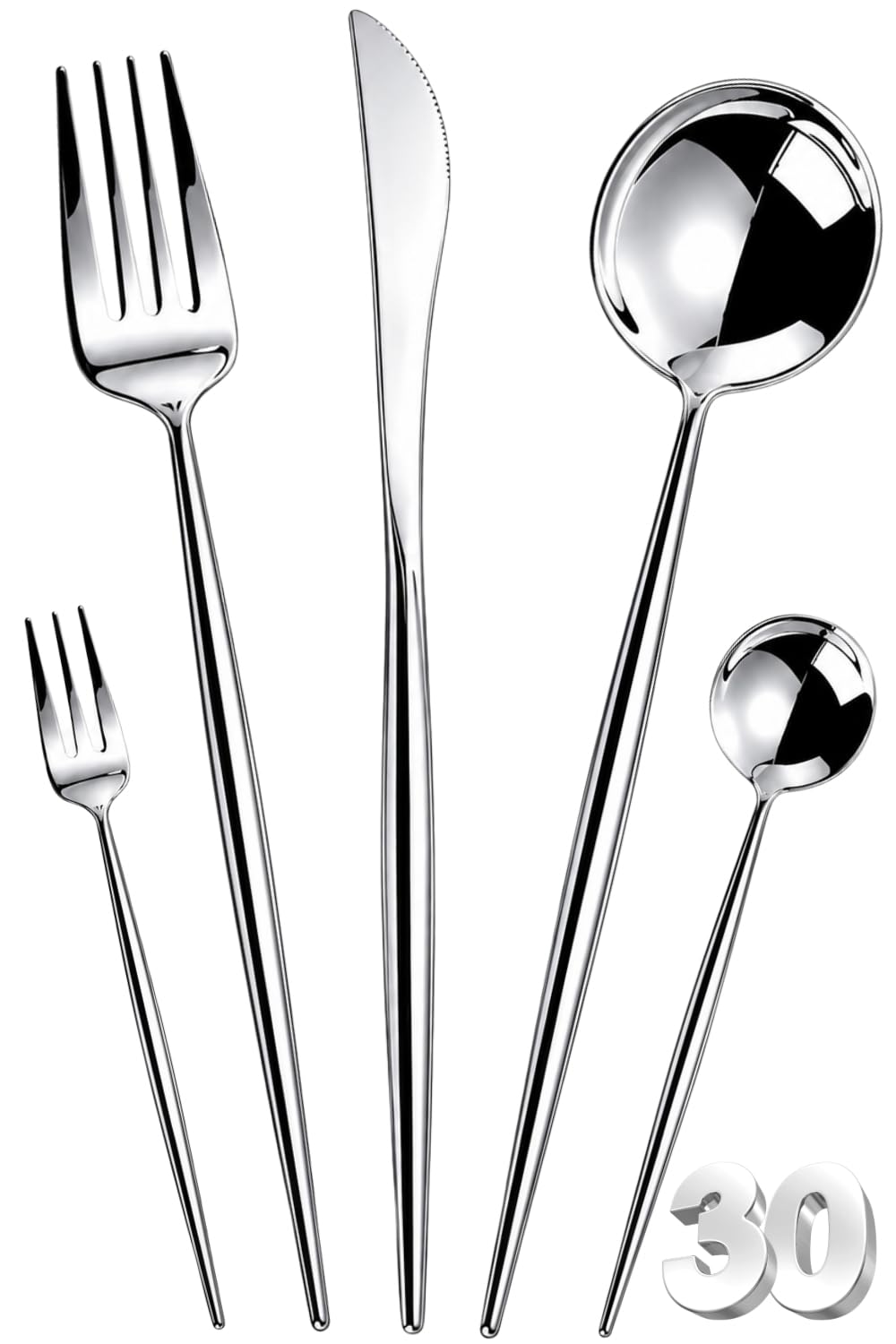 Manishaware Slim Handle 30 Pcs Stainless Steel Cutlery Set for Dining Table, Dishwasher Safe Glossy Flatware (6 spoon set+6 forks set+6 Butter knife+6 Dessert Spoon+ 6 Fruit Fork)