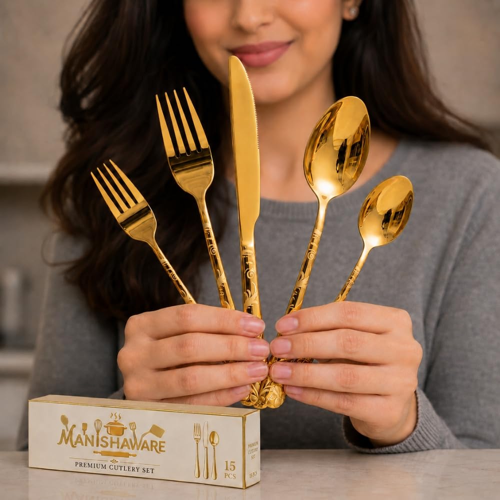 Manishaware Floral Stainless Steel Cutlery Set for Dining Table, Dishwasher Safe Glossy Flatware (4 spoon set+4 forks set+4 Butter knife+4 Dessert Spoon+ 4 FruitFork)