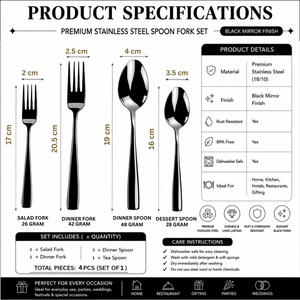 Manishaware Classic Stainless Steel Cutlery Set for Dining Table, Dishwasher Safe Glossy Flatware (Perfect Spoon Fork Set)