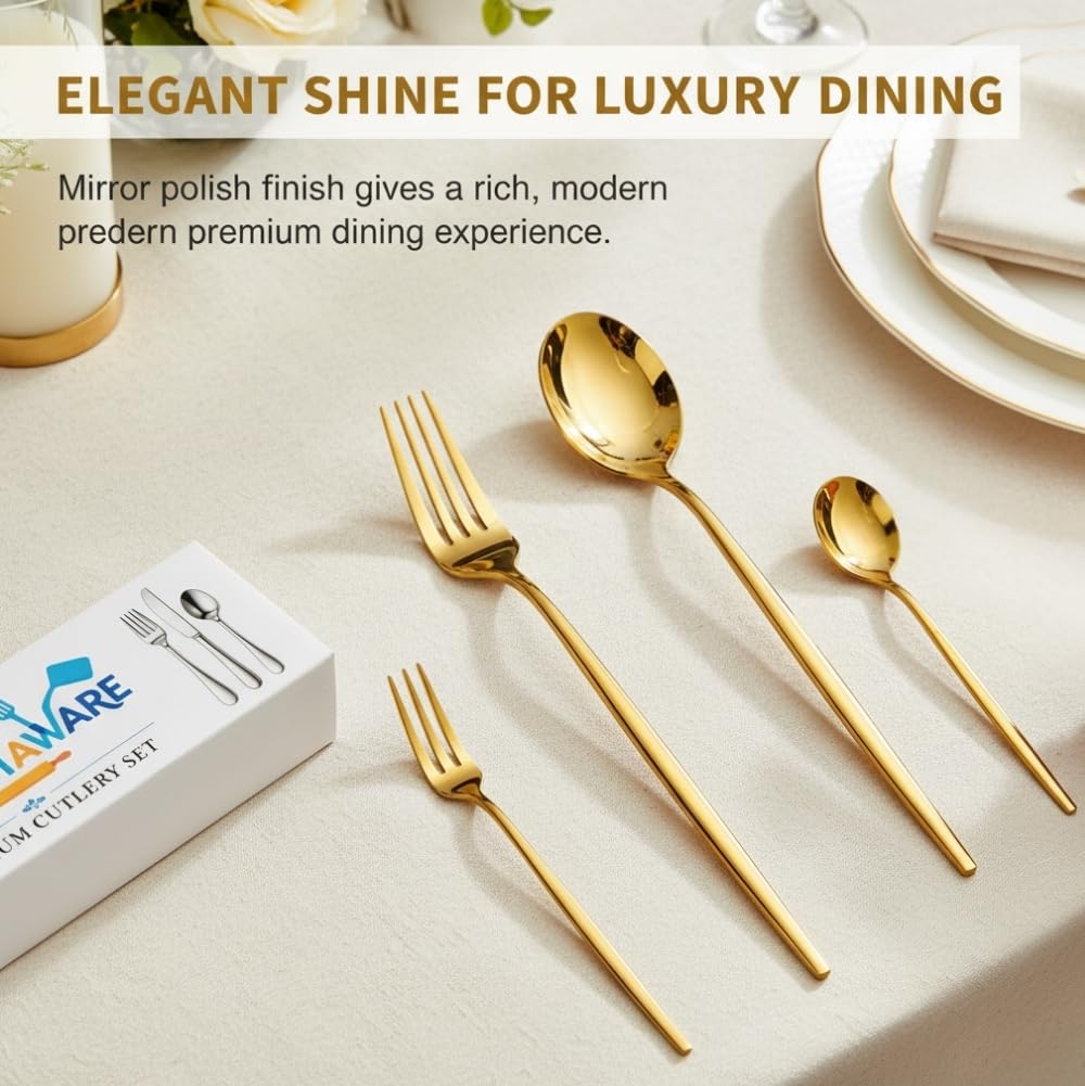 Manishaware Classic Gold 24 Pcs Stainless Steel Cutlery Set for Dining Table, Dishwasher Safe Glossy Flatware (Perfect Spoon Fork Set)