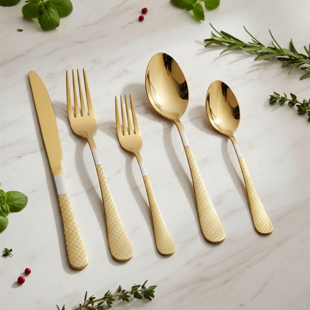 Manishaware Checkered 30 Pcs Stainless Steel Cutlery Set for Dining Table, Dishwasher Safe Glossy Flatware (6 spoon set+6 forks set+6 Butter knife+6 Dessert Spoon+ 6 Fruit Fork)
