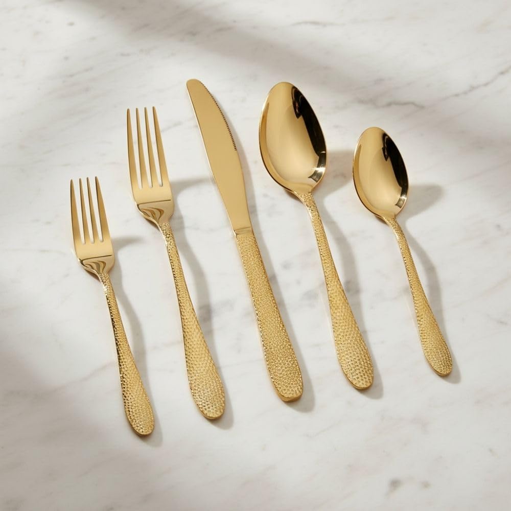 Manishaware Hammered 30 Pcs Stainless Steel Cutlery Set for Dining Table, Dishwasher Safe Glossy Flatware (6 spoon set+6 forks set+6 Butter knife+6 Dessert Spoon+ 6 Fruit Fork)