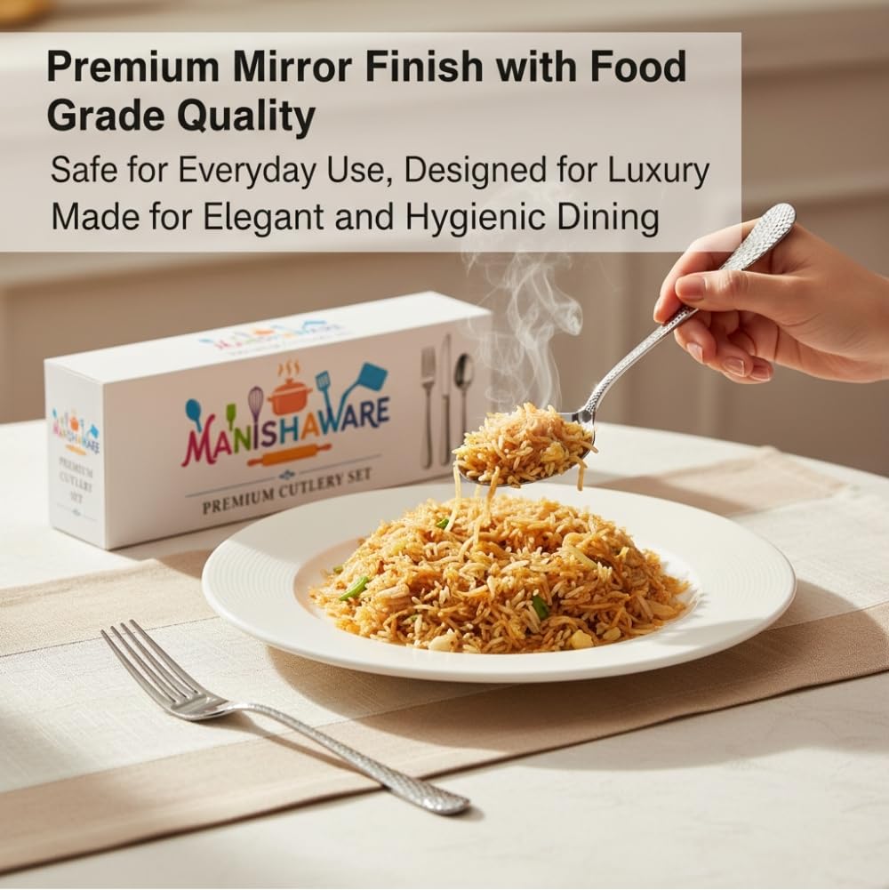 Manishaware Classic Silver 24 Pcs Stainless Steel Cutlery Set for Dining Table, Dishwasher Safe Glossy Flatware (Perfect Spoon Fork Set)