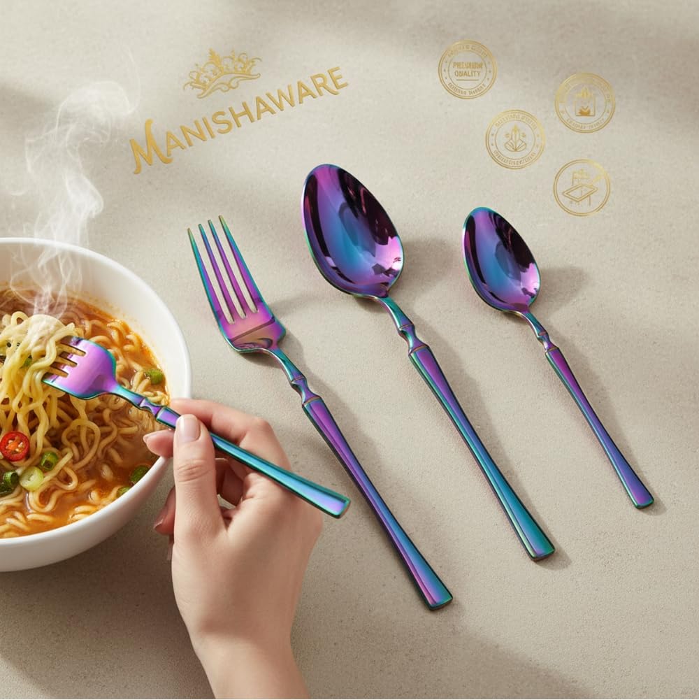 Manishaware Classic Rainbow 20 Pcs Stainless Steel Cutlery Set for Dining Table, Dishwasher Safe Glossy Flatware (Perfect Spoon Fork Set)