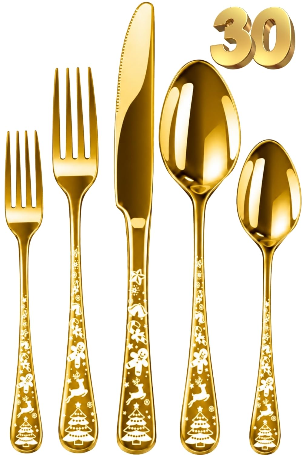Manishaware Christmas Gold 30 Pcs Stainless Steel Cutlery Set for Dining Table, Dishwasher Safe Glossy Flatware (6 spoon set+6 forks set+6 Butter knife+6 Dessert Spoon+ 6 Fruit Fork)