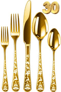 Manishaware Christmas Gold 30 Pcs Stainless Steel Cutlery Set for Dining Table, Dishwasher Safe Glossy Flatware (6 spoon set+6 forks set+6 Butter knife+6 Dessert Spoon+ 6 Fruit Fork)