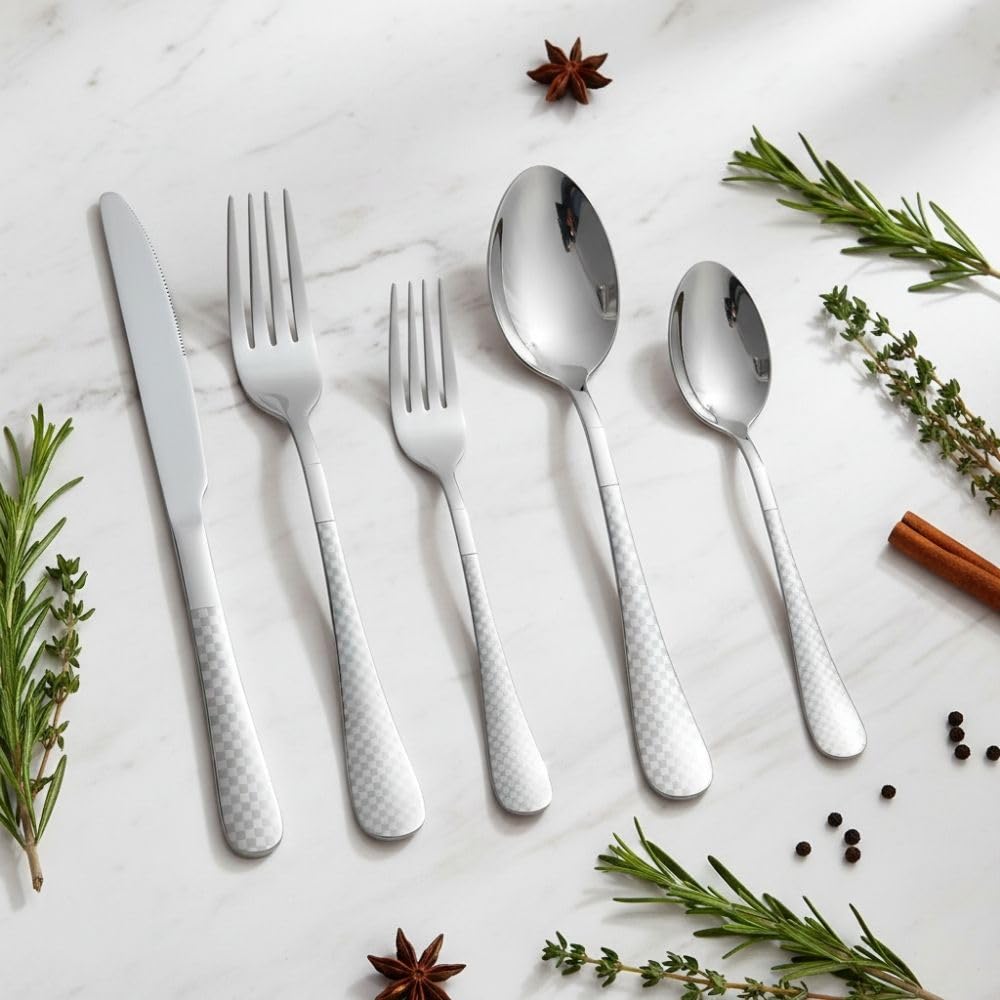 Manishaware Checkered 30 Pcs Stainless Steel Cutlery Set for Dining Table, Dishwasher Safe Glossy Flatware (6 spoon set+6 forks set+6 Butter knife+6 Dessert Spoon+ 6 Fruit Fork)