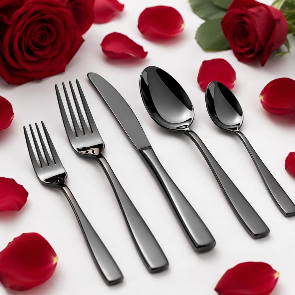 Manishaware Mirror Polished Black 10 Pcs Stainless Steel Cutlery Set for Dining Table, Dishwasher Safe Glossy Flatware (2 spoon set + 2 forks set + 2 Butter knife + 2 Dessert Spoon + 2 Fruit Fork)