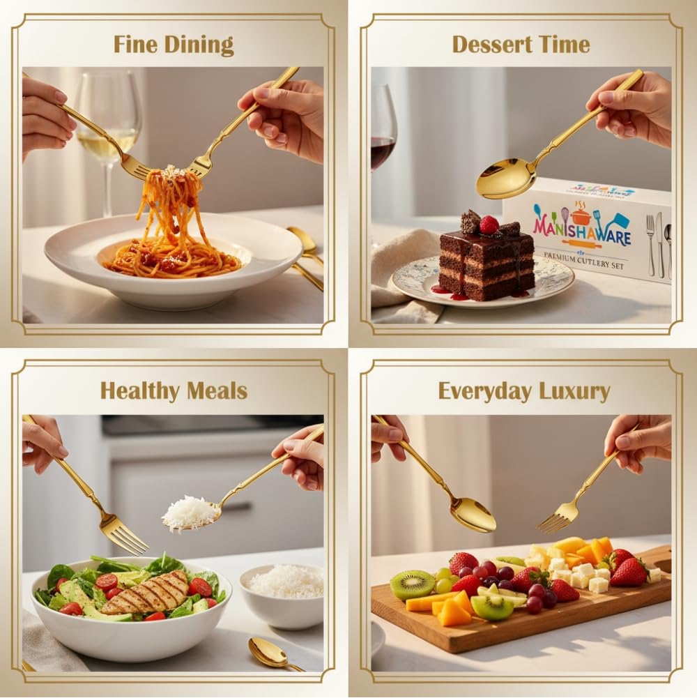Manishaware Classic Gold 8 Pcs Stainless Steel Cutlery Set for Dining Table, Dishwasher Safe Glossy Flatware (Perfect Spoon Fork Set)