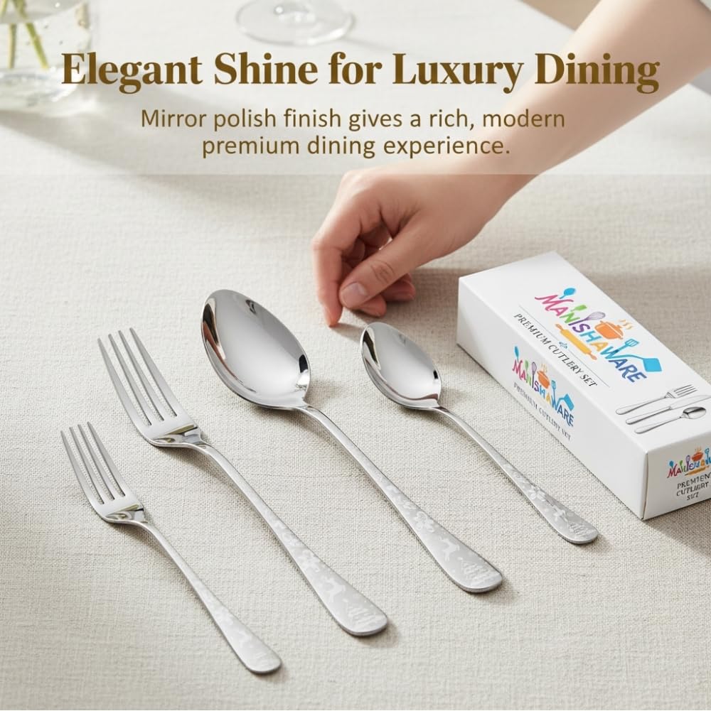 Manishaware Classic Silver 8 Pcs Stainless Steel Cutlery Set for Dining Table, Dishwasher Safe Glossy Flatware (Perfect Spoon Fork Set)