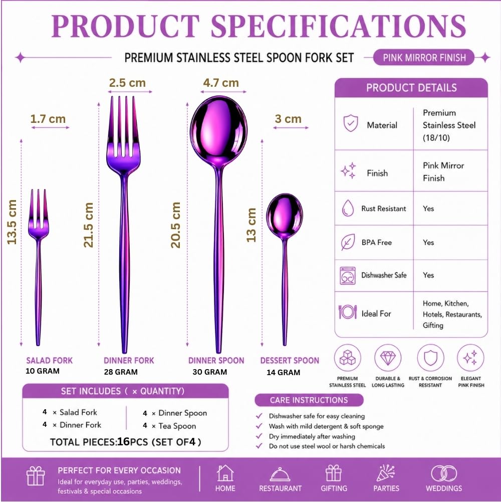 Manishaware Classic Pink 16 Pcs Stainless Steel Cutlery Set for Dining Table, Dishwasher Safe Glossy Flatware (Perfect Spoon Fork Set)