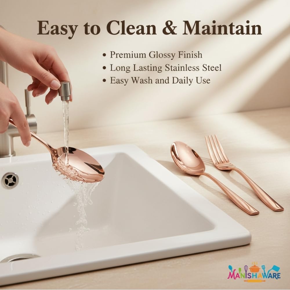 Manishaware Classic Rose Gold 20 Pcs Stainless Steel Cutlery Set for Dining Table, Dishwasher Safe Glossy Flatware (Perfect Spoon Fork Set)