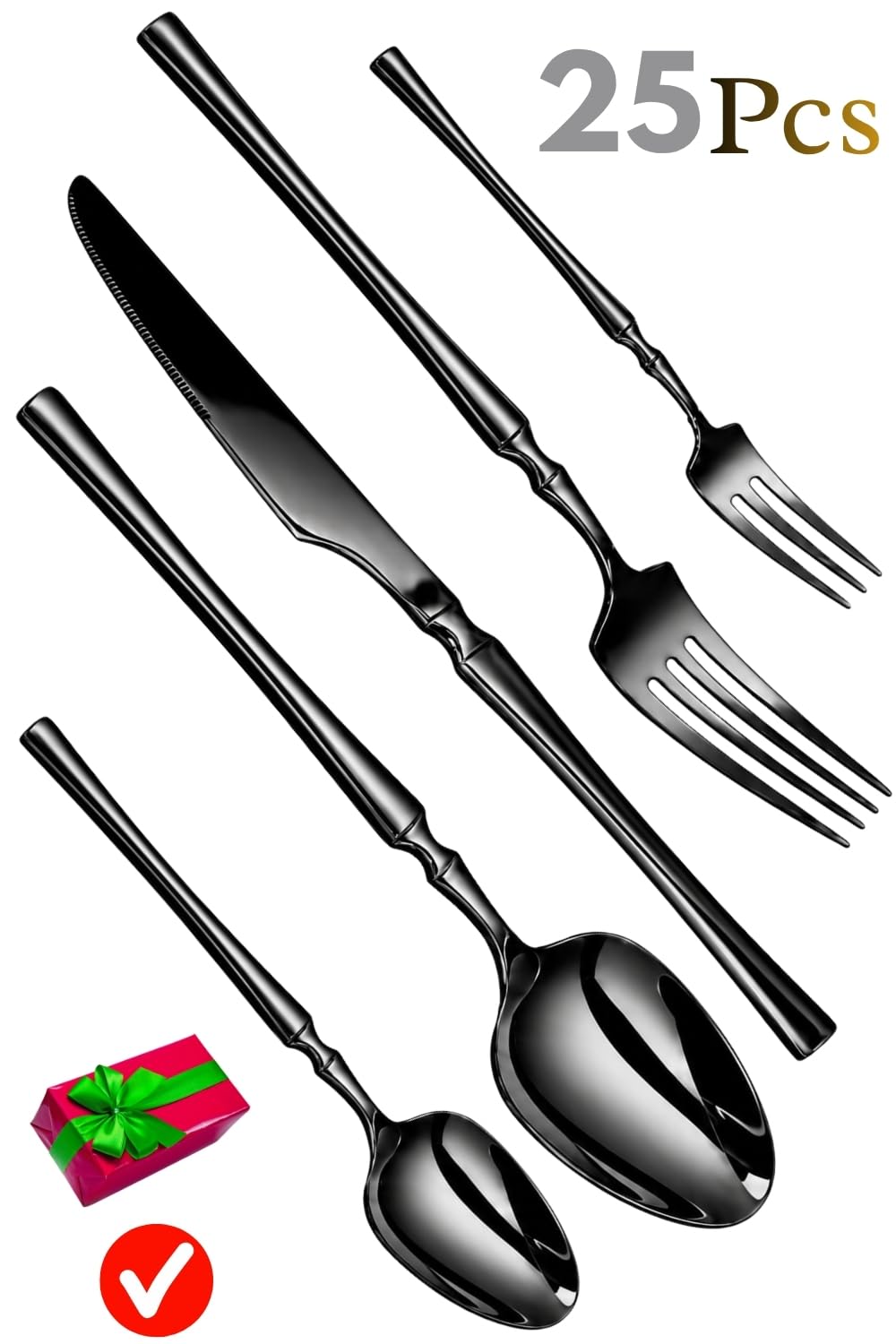 Manishaware Elegant Handle Black 25 Pcs Heavy duty Stainless Steel Cutlery Set for Dining table (5 pcs spoon set+5 pcs forks set+5 pcs Butter knife+5 pcs Dessert Spoon+5 Pcs Fuit Fork for kitchen)
