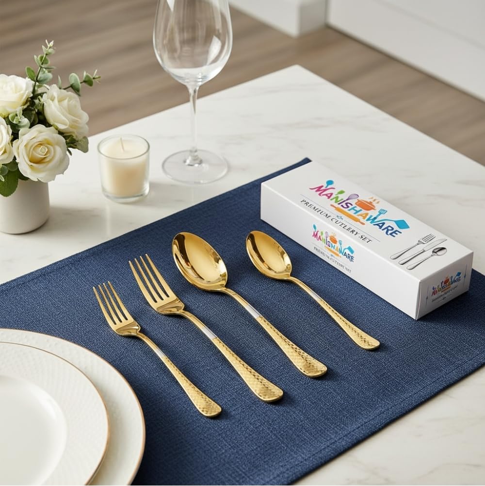 Gold Checker Indian cutlery set, rust resistant stainless steel, a perfect wedding, housewarming, corporate and festival gift