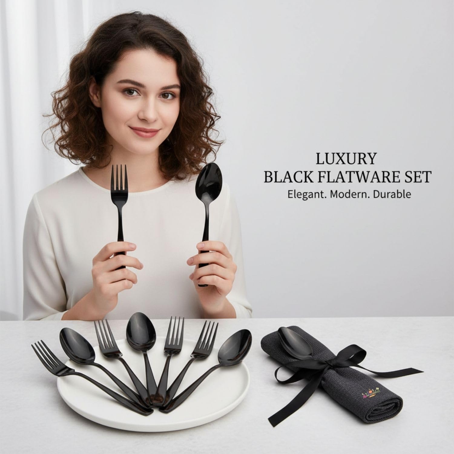 Black Fork & Spoon Set Mirror Design