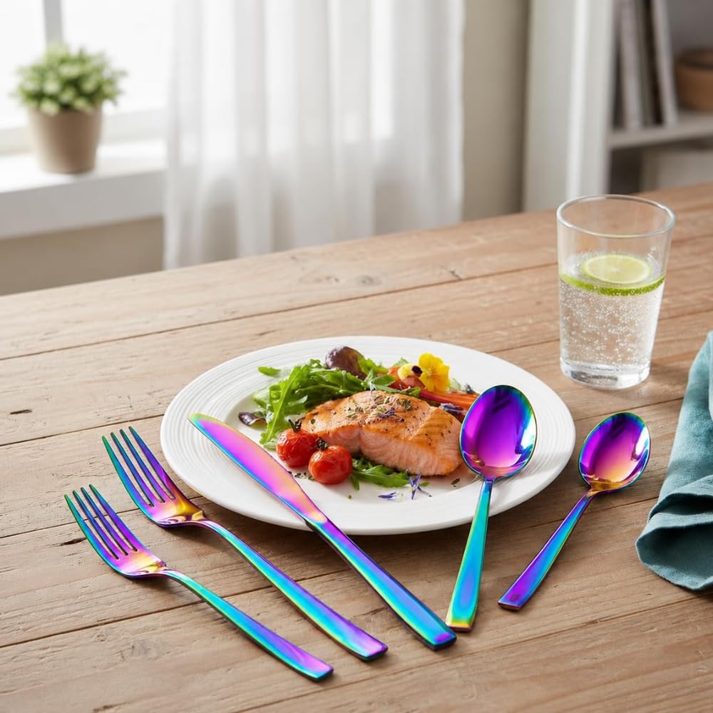 Manishaware Mirror Polished Rainbow 25 Pcs Stainless Steel Cutlery Set for Dining Table, Dishwasher Safe Glossy Flatware (5 spoon set + 5 forks set + 5 Butter knife + 5 Dessert Spoon + 5 Fruit Fork)