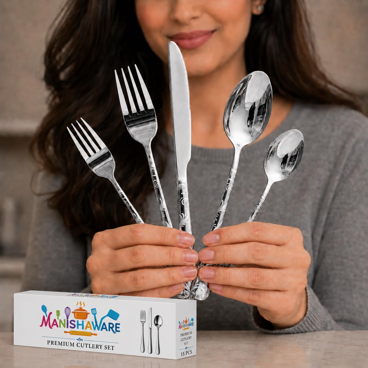 Manishaware Floral Stainless Steel Cutlery Set for Dining Table, Dishwasher Safe Glossy Flatware (4 spoon set+4 forks set+4 Butter knife+4 Dessert Spoon+ 4 FruitFork)