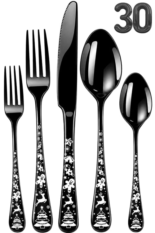 Manishaware Christmas 30 Pcs Stainless Steel Cutlery Set for Dining Table, Dishwasher Safe Glossy Flatware (6 spoon set+6 forks set+6 Butter knife+6 Dessert Spoon+ 6 Fruit Fork)