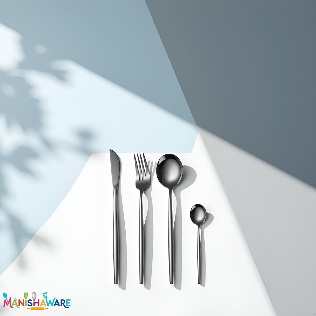Manishaware Slim Handle Black 12 Pcs Stainless Steel Cutlery Set for Dining Table, Dishwasher Safe Glossy Flatware (3 spoon set + 3 forks set + 3 Butter knife + 3 Dessert Spoon)