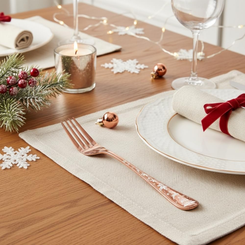 Manishaware 24 Pcs ROSEGOLD Christmas Stainless Dinner Steel Fork set for Kitchen or Dining Table
